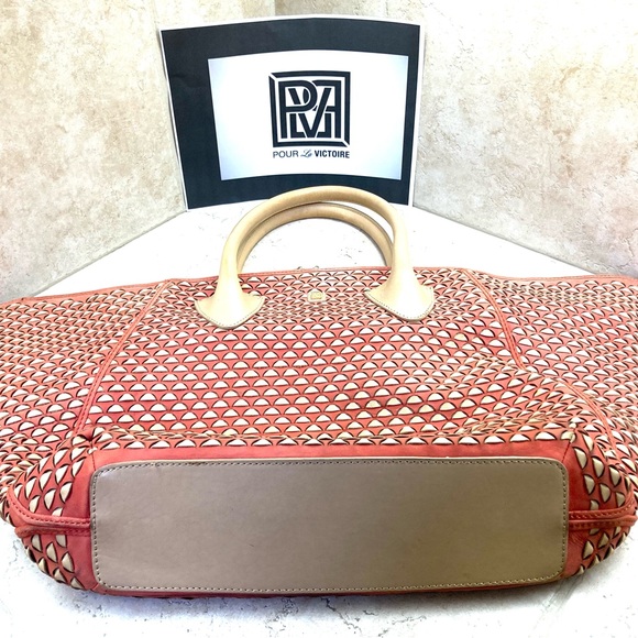 Pour La Victoire Leather basketweaved Authentic Extra Large Tote  Tan/Orange - Picture 16 of 16